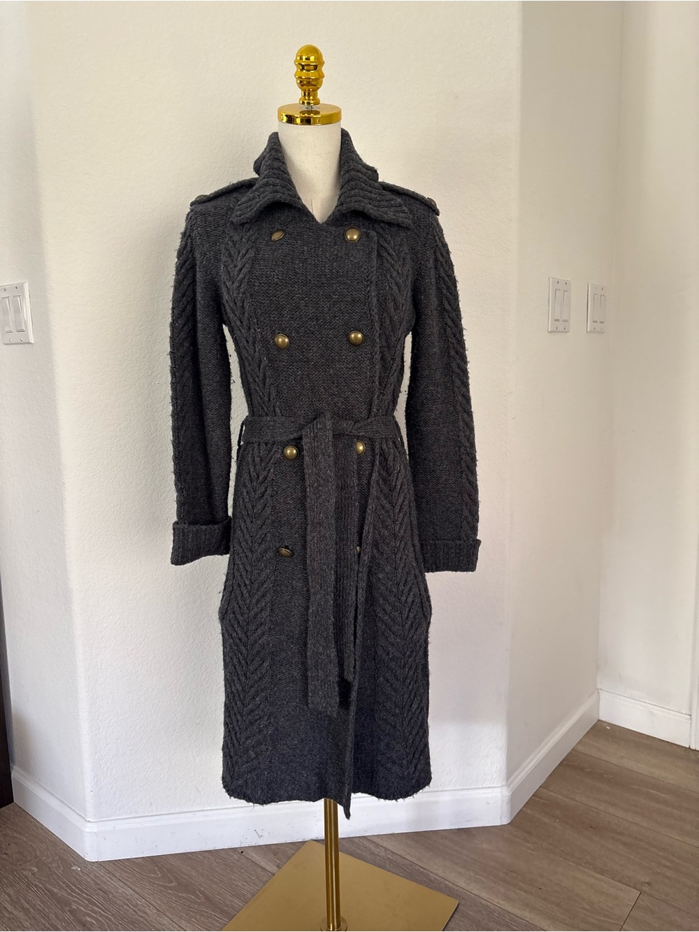 ANTONIO MELANI Charcoal Gray Cable-Knit Double-Breasted Trench Coat
